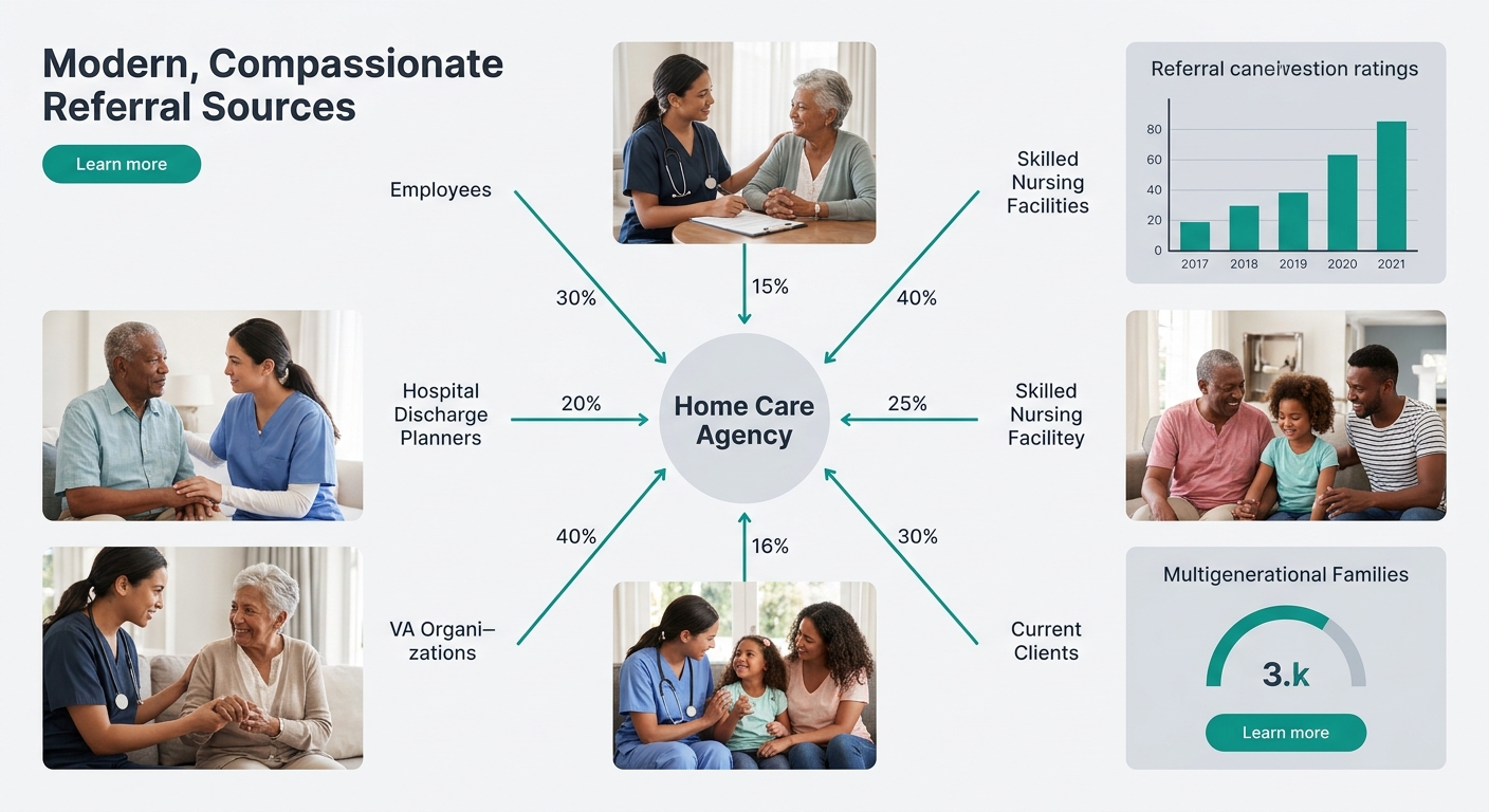 a network diagram showing referral sources flowing into a home care agency — employees, hospital discharge planners, VA organizations, skilled nursing facilities, and current clients — with percentage