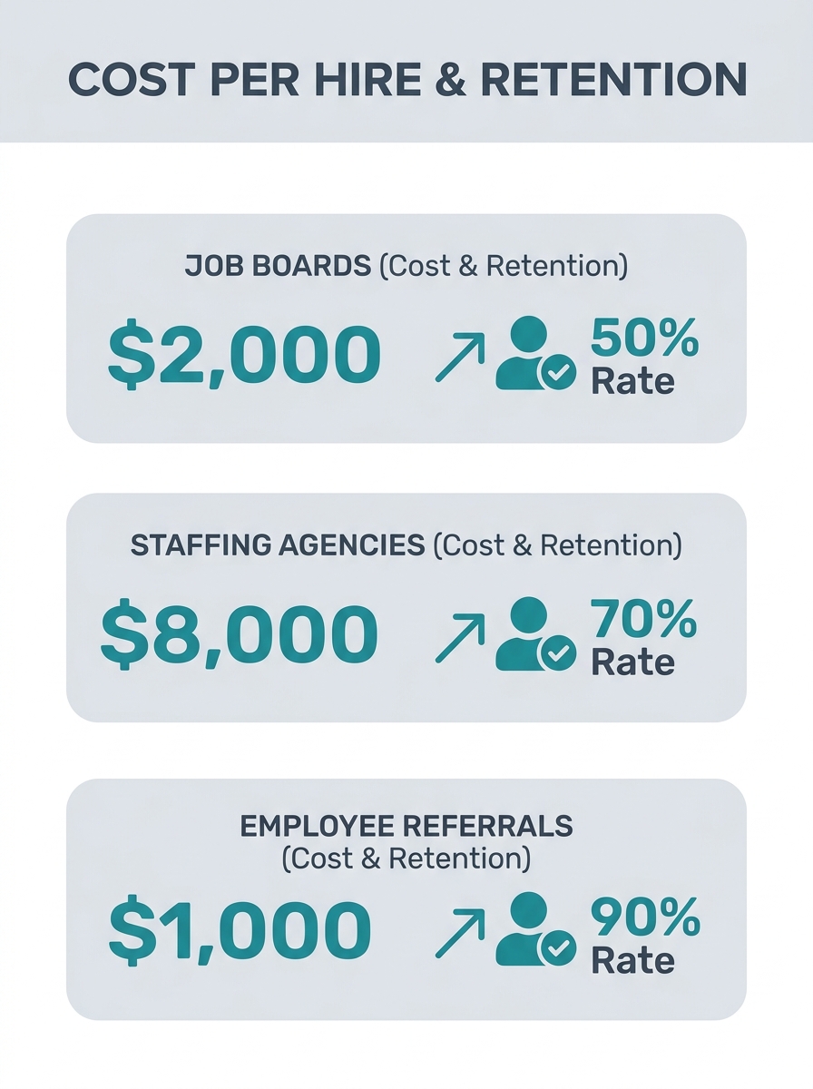 an infographic comparing cost per hire across three channels — job boards, staffing agencies, and employee referral programs — showing average dollar amounts and retention rates for each