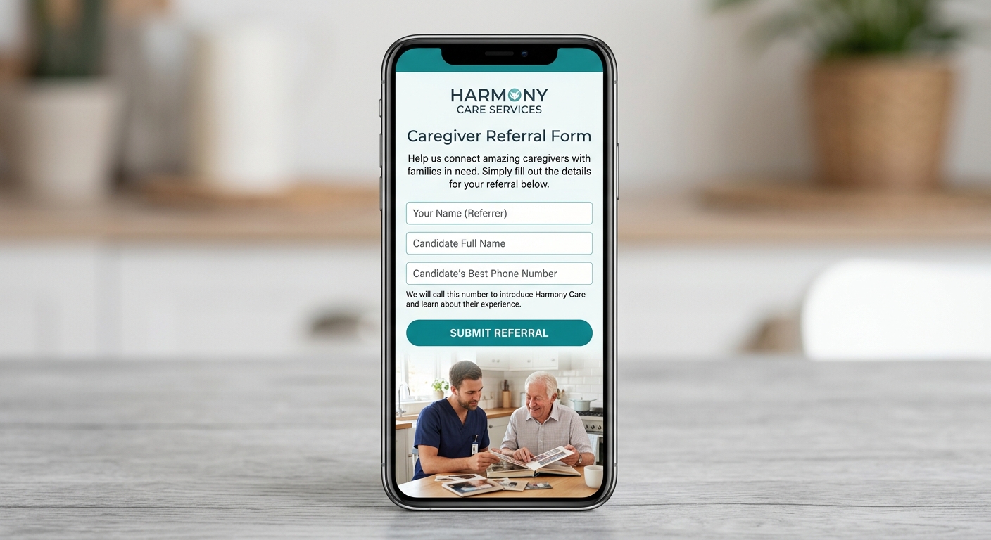 a smartphone screen showing a simple caregiver referral form with fields for referrer name, candidate name, phone number, and a submit button, set against a clean home care agency brand design
