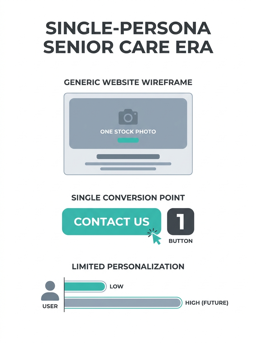 A simple website wireframe showing a generic senior care homepage with one stock photo and a single "Contact Us" button, representing the single-persona era of senior care marketing