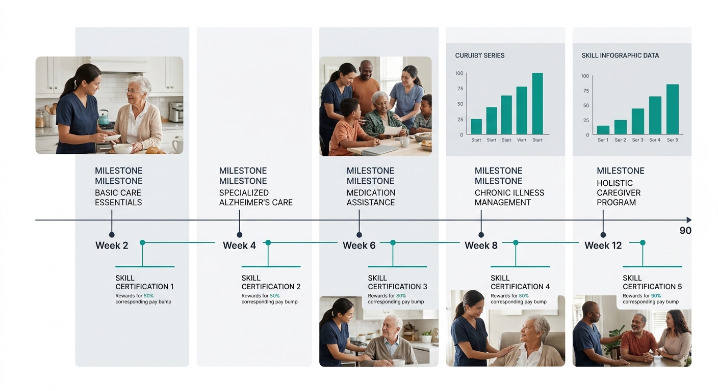 A timeline graphic showing caregiver touchpoints over the first 90 days of employment, with small skill milestones marked at week 2, week 4, week 6, week 8, and week 12, each labeled with a specific s