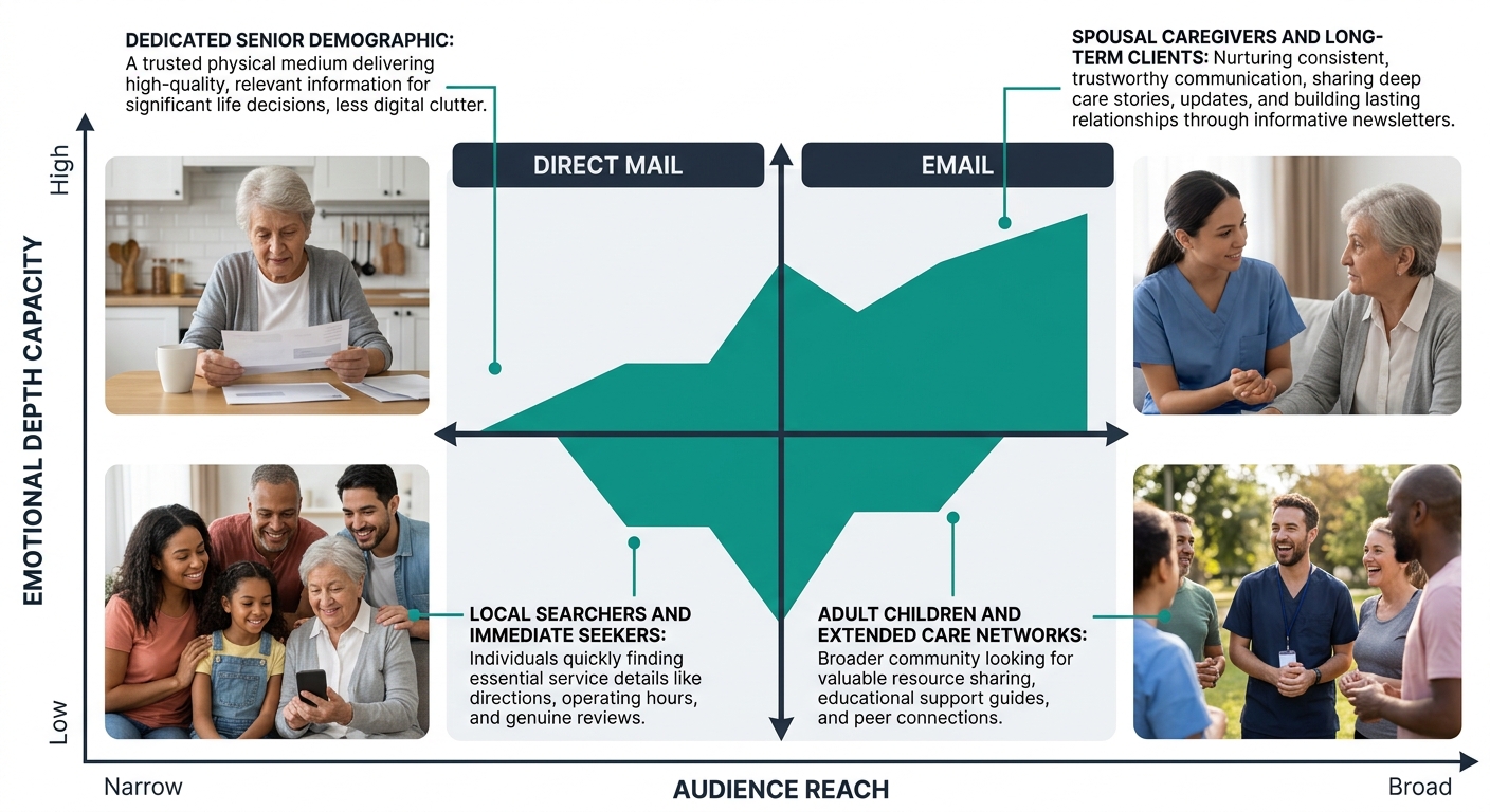 A visual matrix showing four marketing channels (Facebook, Email, Google Business Profile, Direct Mail) mapped against two axes: "emotional depth capacity" (low to high) and "audience reach" (narrow t