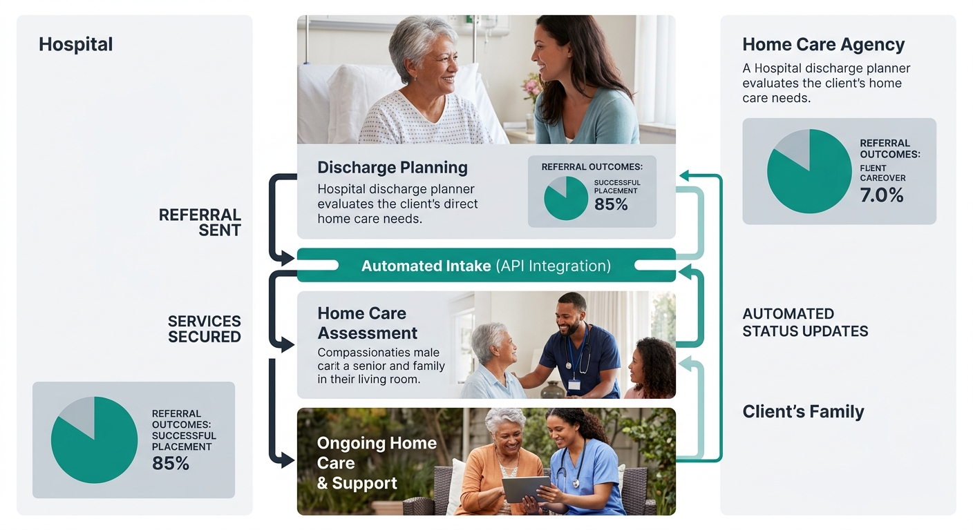diagram showing a referral loop between a hospital discharge planner, home care agency automated intake system, and the client family—with arrows indicating automated status updates flowing back to th