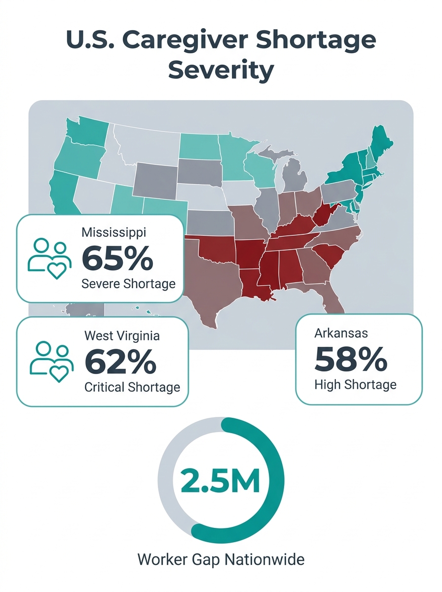 infographic showing a U.S. map with state-by-state caregiver shortage severity, color-coded from green (adequate supply) to red (severe shortage), with data callouts highlighting worst-affected states
