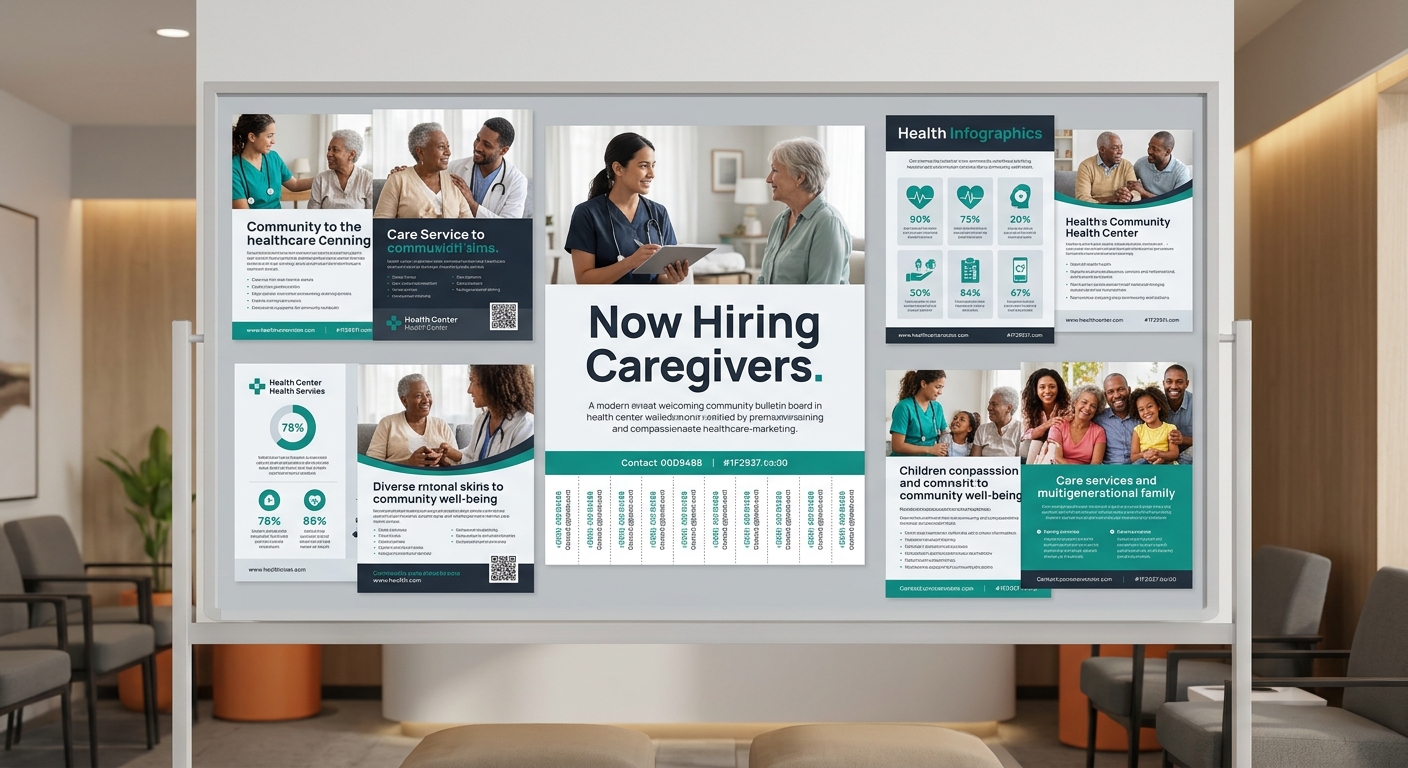 A community bulletin board in a health center waiting room with colorful flyers and a prominent "Now Hiring Caregivers" posting featuring tear-off contact strips at the bottom