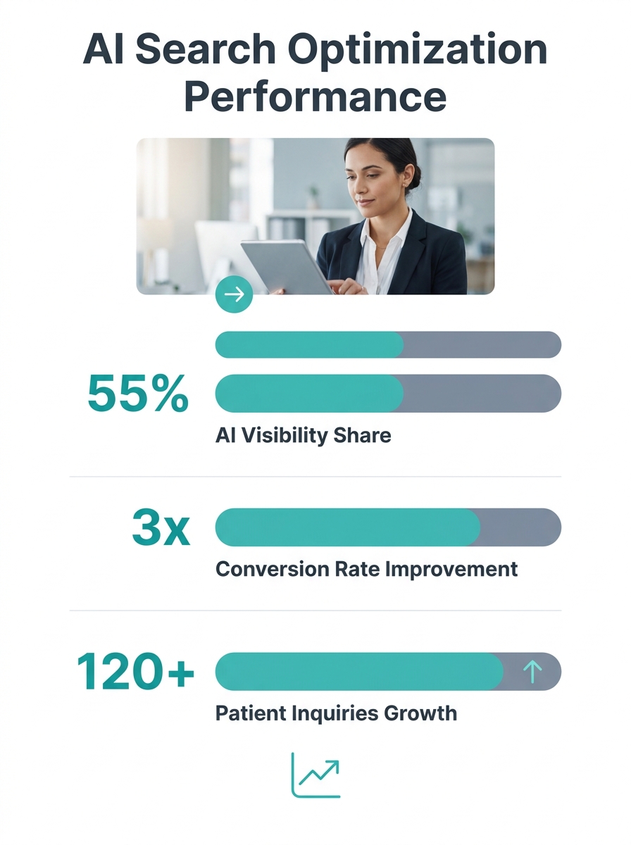 Healthcare administrator reviews digital marketing analytics dashboard showing AI search optimization metrics