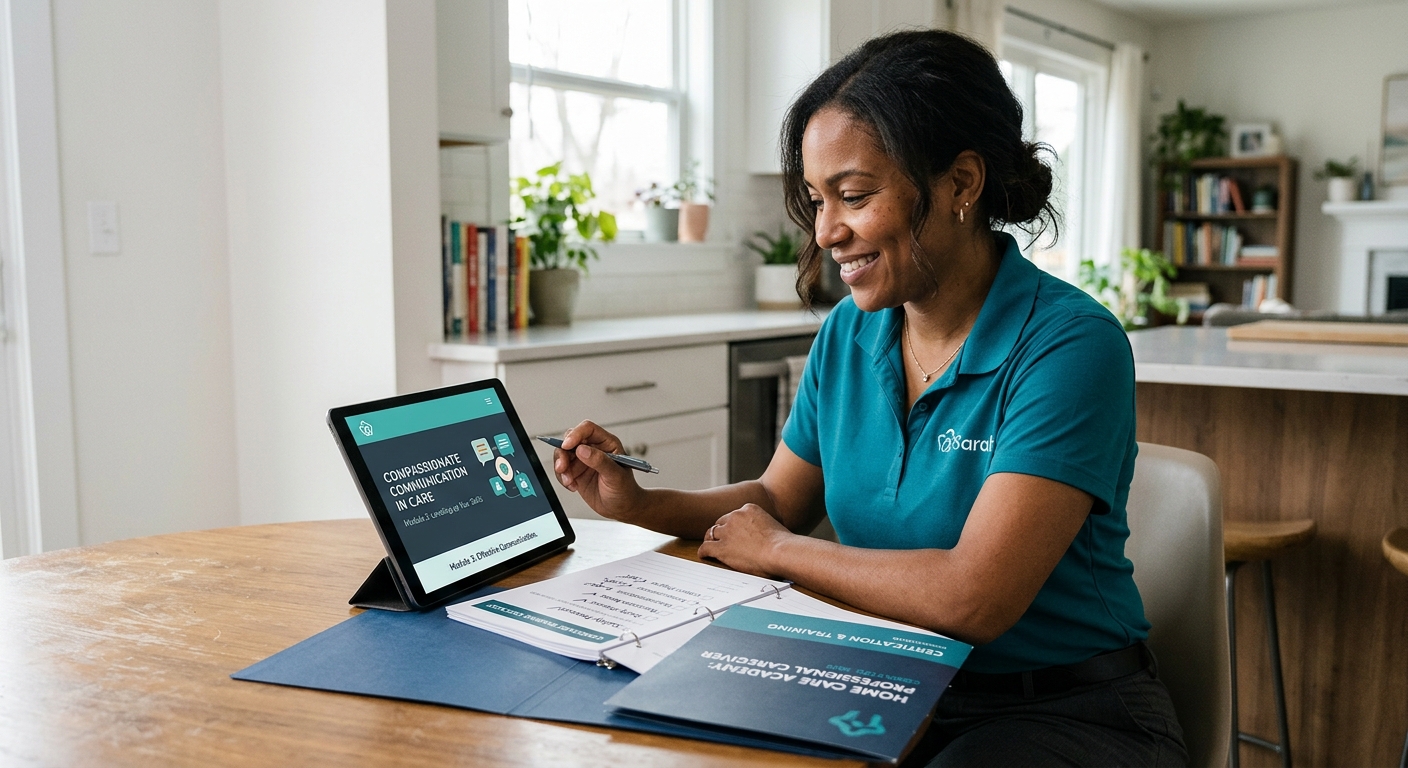 a home care companion caregiver completing a training module on a tablet computer while sitting at a kitchen table, with printed training checklist documents and a certification folder visible nearby