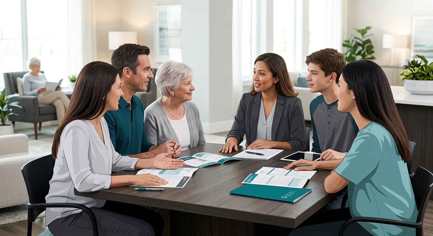 A warm, realistic photo-style illustration of a family sitting with an admissions coordinator at a table in a senior living community's common area, with documents spread out but the focus on relaxed,