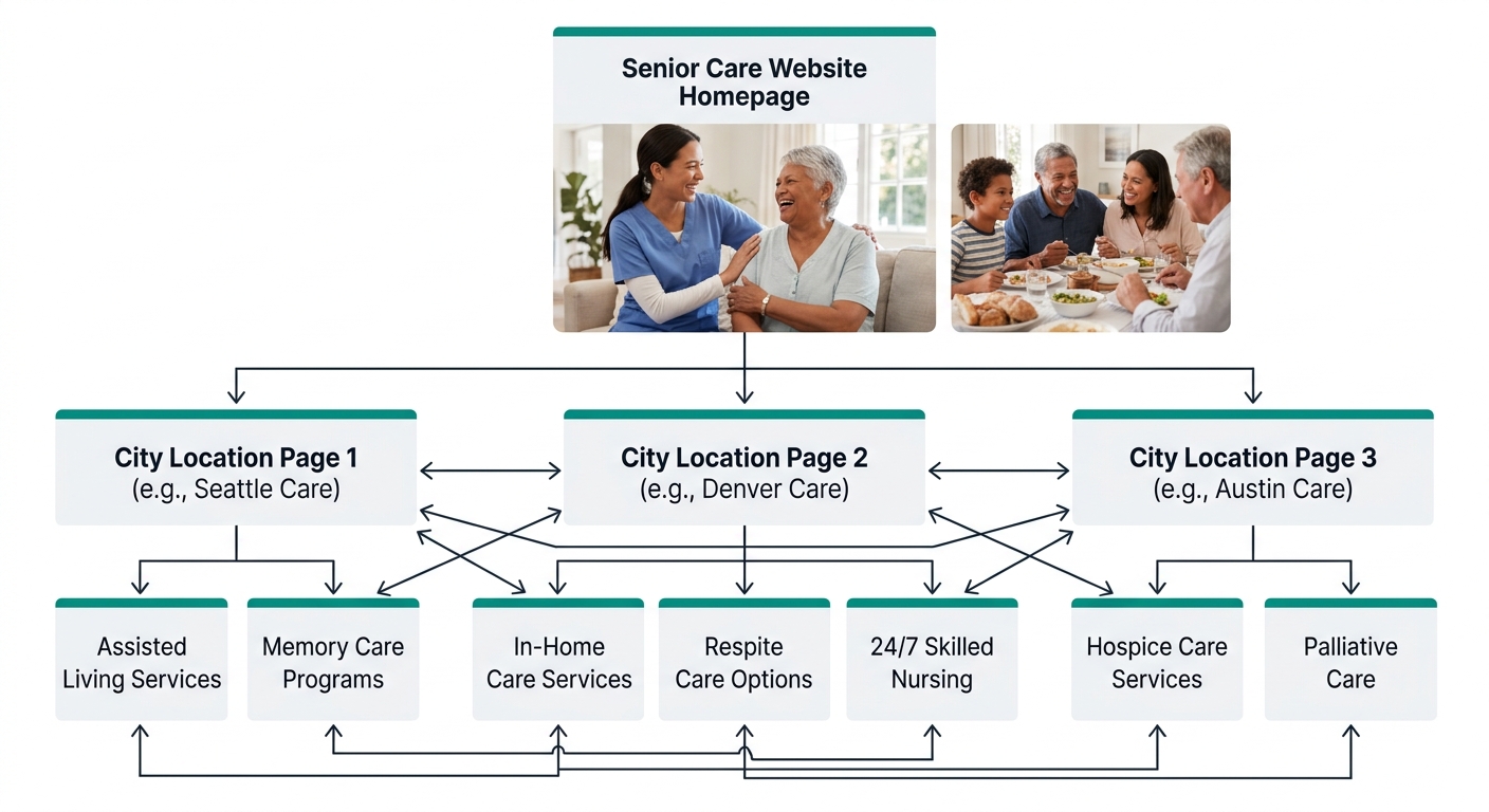 A hierarchical diagram showing a senior care website architecture with a homepage at the top, three city location pages branching below it, and two to three sub-service pages branching under each city
