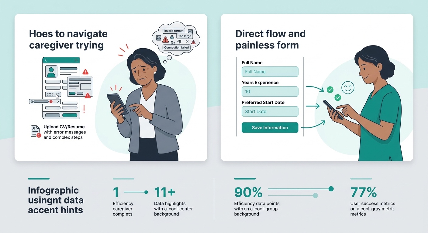 illustration showing a frustrated caregiver on a smartphone trying to upload a resume file, with a contrasting image of another caregiver easily typing into simple text fields on a clean mobile form