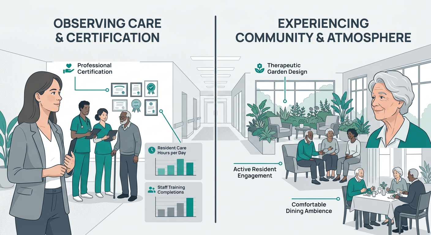 A split-screen illustration showing two perspectives of the same care facility tour—an adult daughter noticing staff interactions and posted certifications, and an elderly parent noticing the garden, 