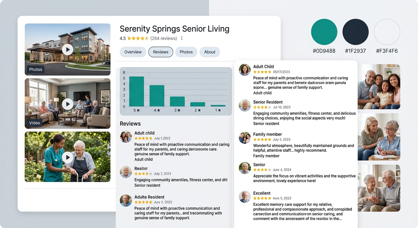 A Google Business Profile listing for a senior living community showing a mix of reviews from adult children and seniors, with star ratings and excerpts highlighting different concerns (family communi