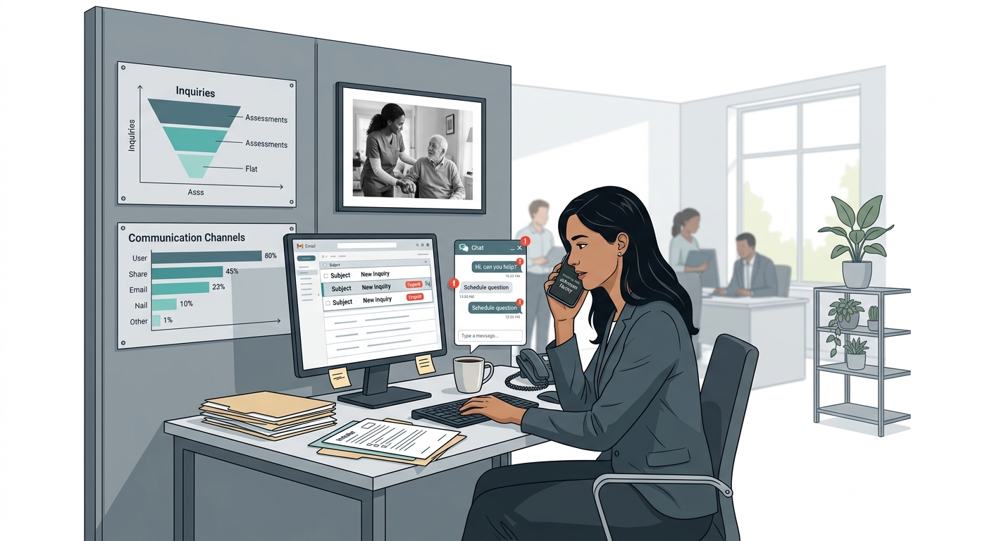 illustration of a home care agency office scene showing an intake coordinator at a desk with multiple communication channels active—phone, email notifications, chat widget—representing the overwhelmin