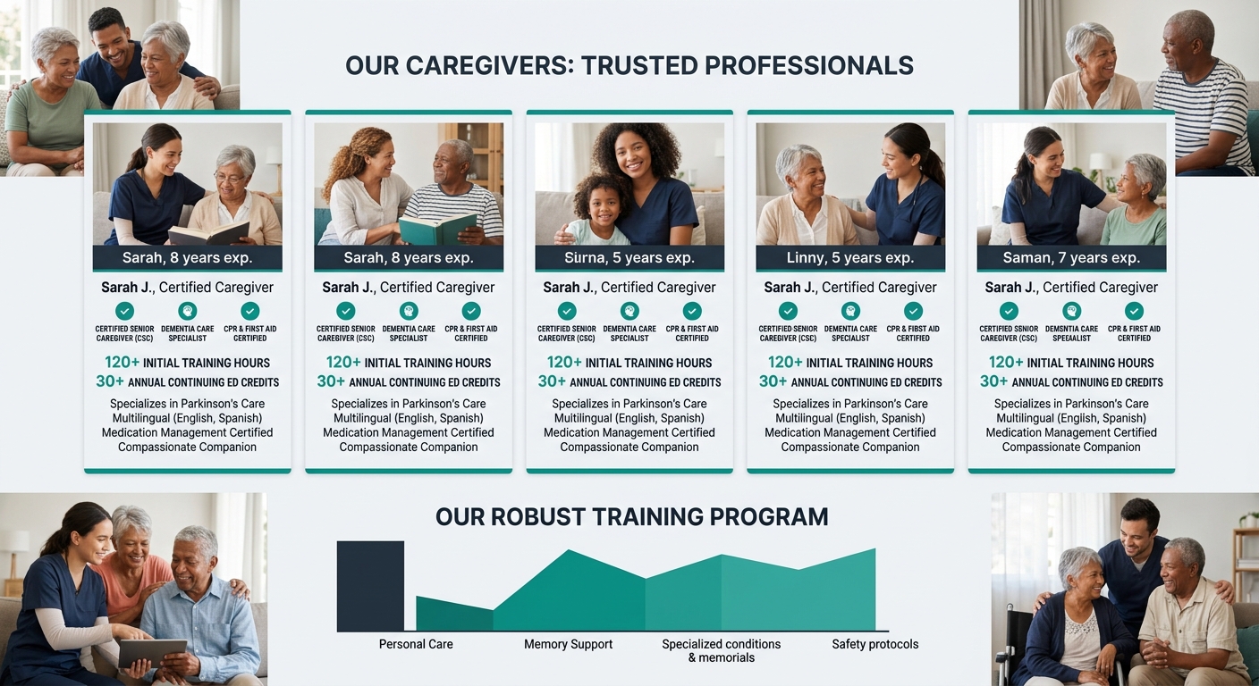 a senior care agency website About page prominently displaying caregiver certification badges, specific training hour counts, and individual staff qualification details next to professional caregiver 