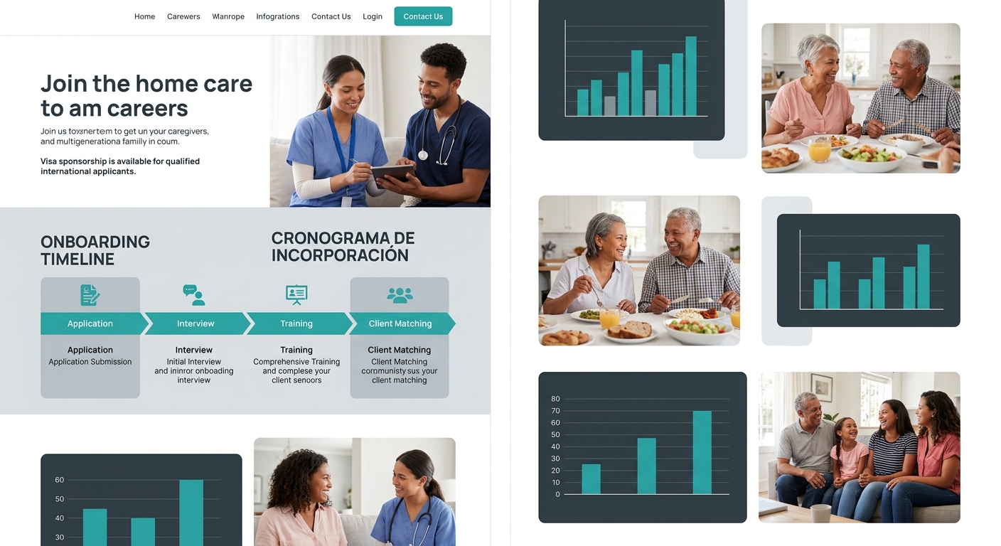 a mockup of a home care agency careers webpage featuring clear visa sponsorship messaging, a step-by-step onboarding timeline graphic, and a section header in both English and Spanish
