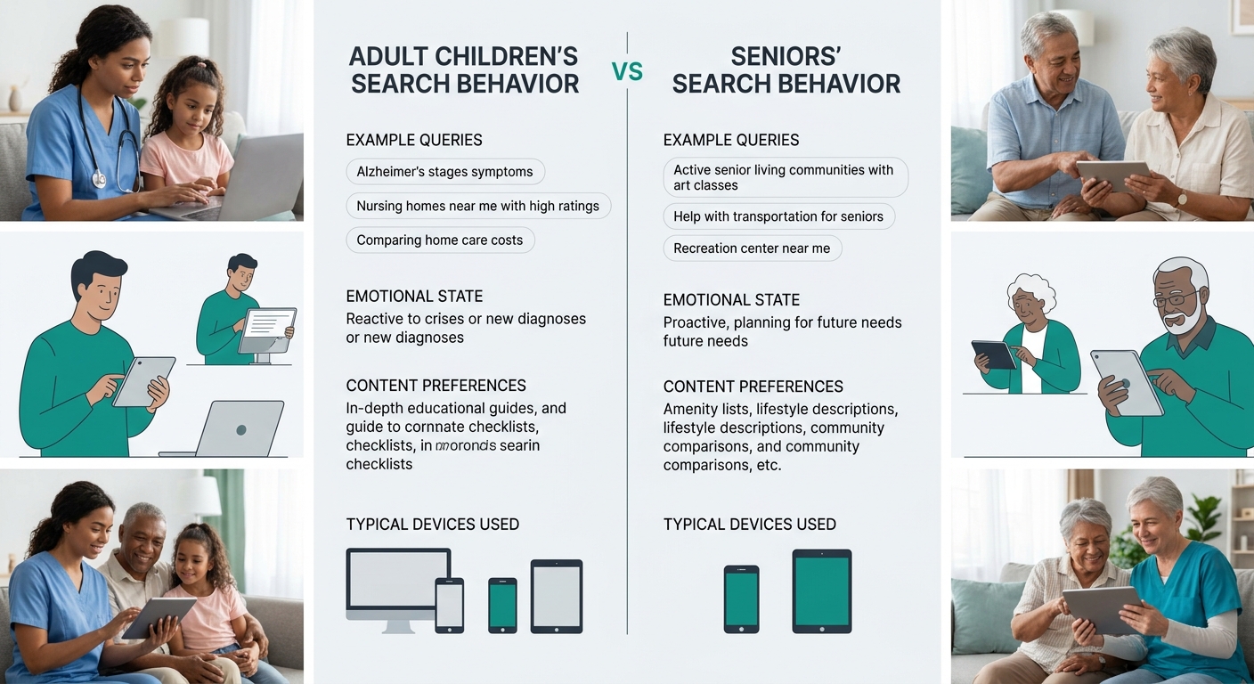 An infographic comparing adult children's search behavior versus seniors' search behavior, with two columns showing example queries, emotional states (crisis vs. proactive), content preferences (educa
