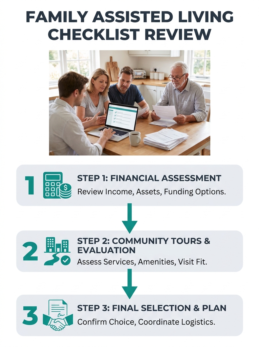 Family members reviewing assisted living transition checklist together at kitchen table with laptop and papers visible