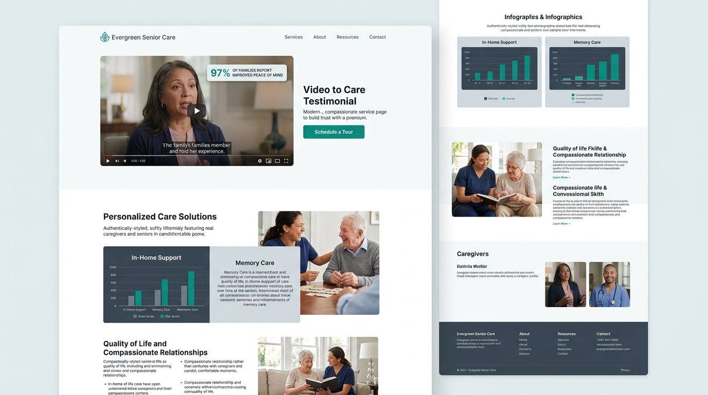 A website mockup showing a senior care agency's service page with a video testimonial embedded prominently above the fold, positioned next to a Schedule a Tour call-to-action button, with the video th