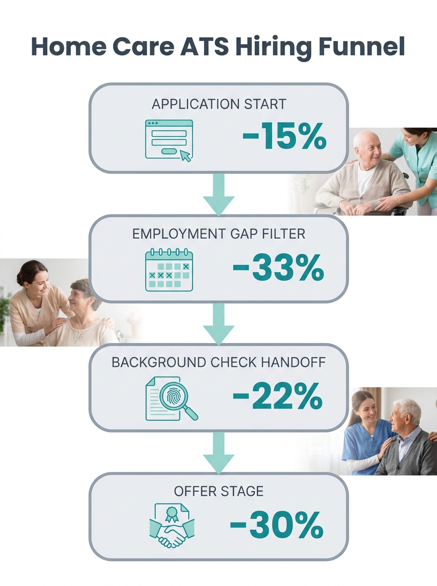 an infographic showing the ATS hiring funnel for home care agencies, with percentages of candidate drop-off at each stage including application start, employment gap filter, background check handoff,