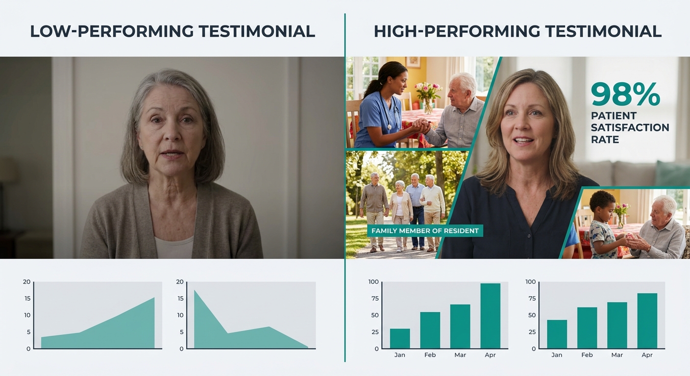 A split-screen comparison showing a low-performing senior care video testimonial (single talking head, plain background, no graphics) versus a high-performing one (family member speaking with B-roll f
