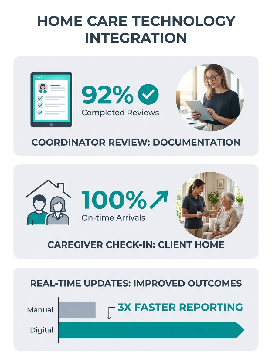 Home care coordinator reviewing digital documentation on tablet while caregiver checks in at client home
