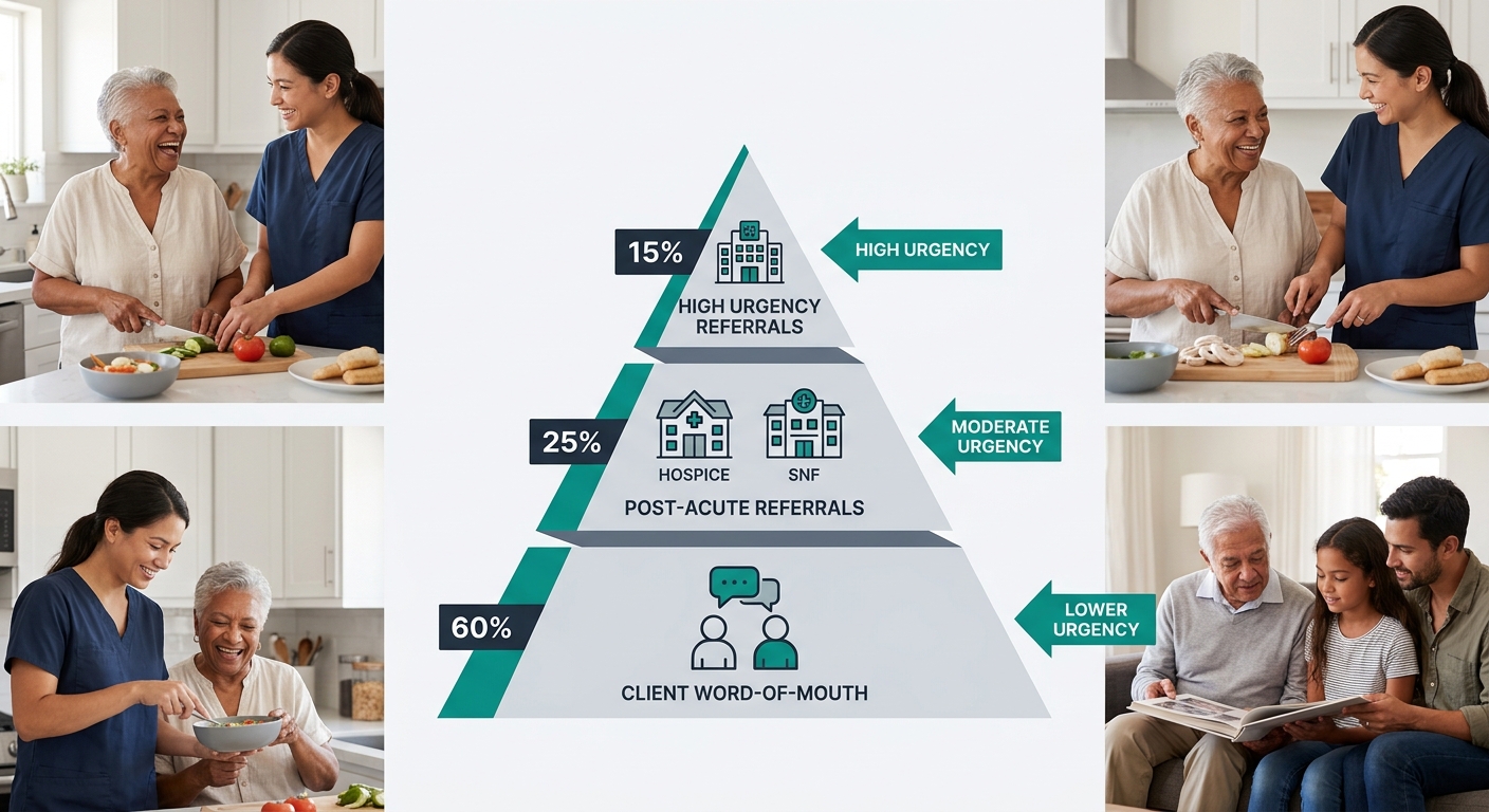 An infographic showing a tiered pyramid of home care referral sources, with percentage contribution for each tier, icons representing hospitals, hospices, SNFs, and client word-of-mouth, and arrows in