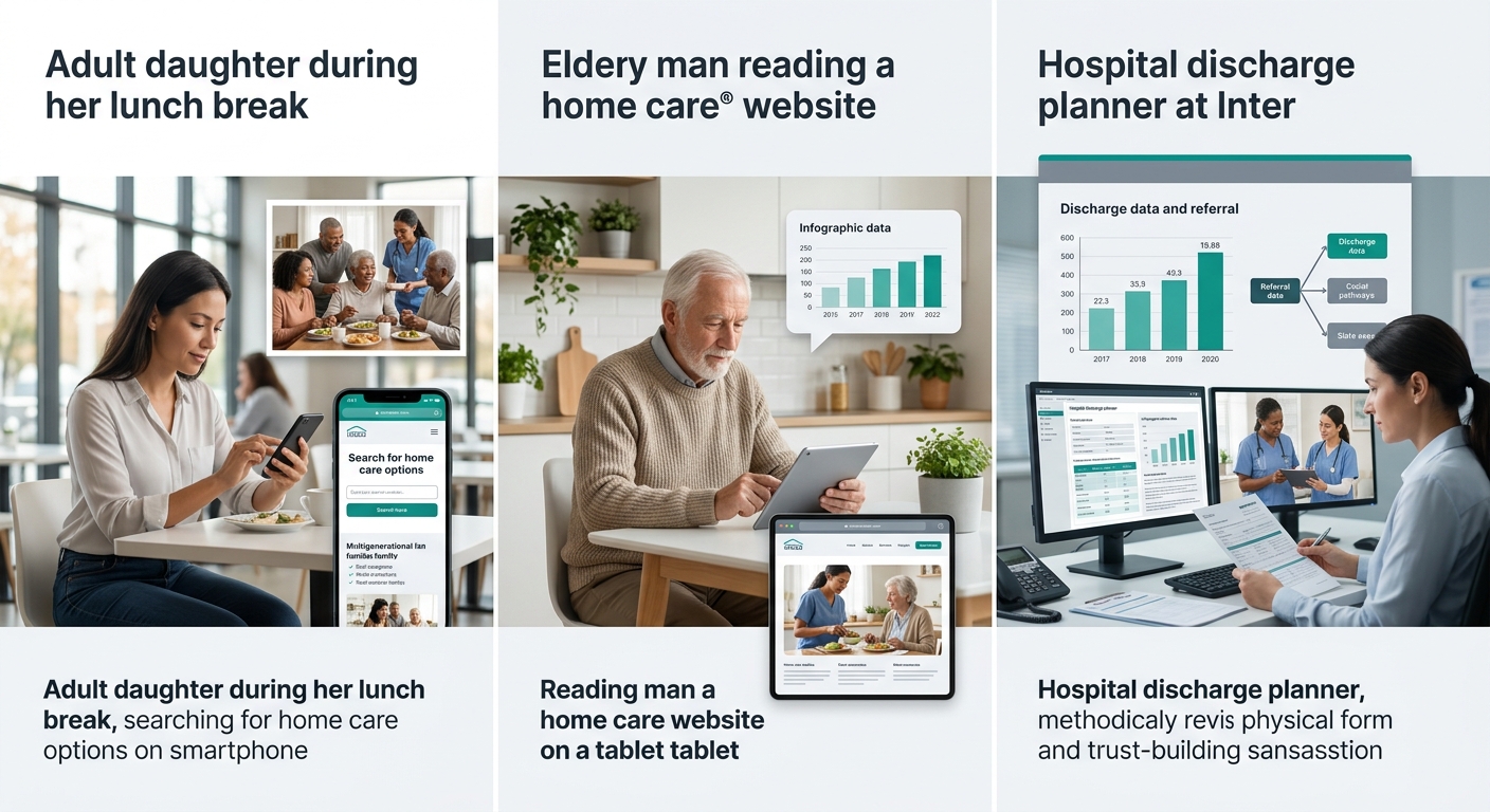 a split-screen illustration showing three scenarios side by side — an adult daughter searching on her phone during a lunch break, an elderly man reading a home care website on a tablet at a kitchen ta