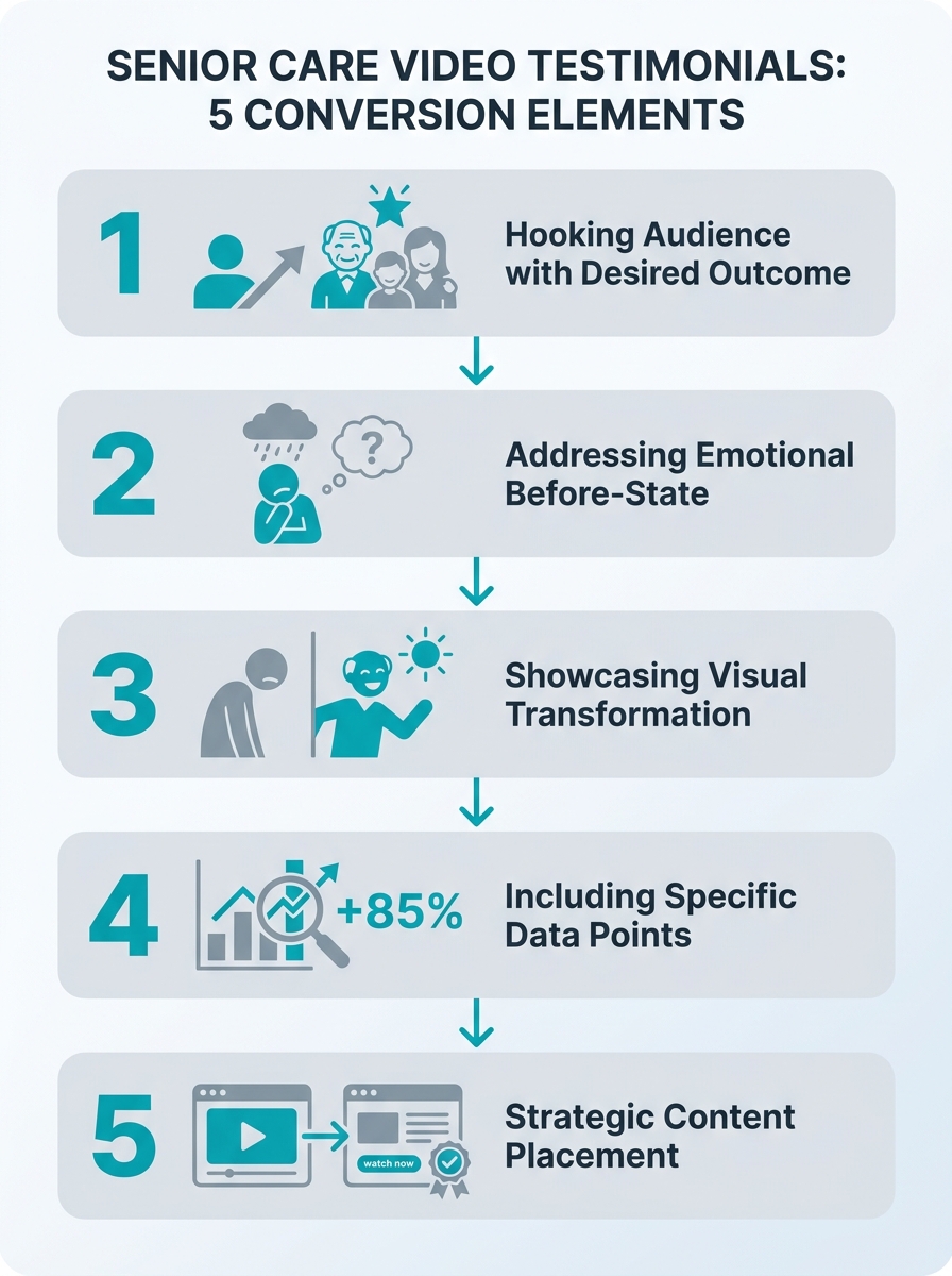 An infographic showing 5 conversion elements for senior care video testimonials, displayed as a numbered vertical flow chart with icons for each element: hook/outcome, emotional before-state, visual t
