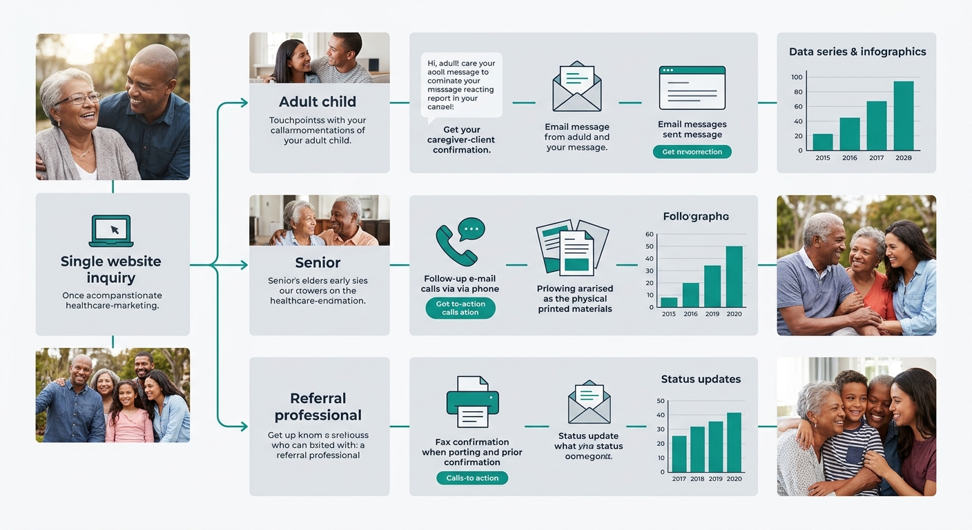 a flowchart showing three parallel follow-up sequences branching from a single website inquiry, with the adult child path showing text and email touchpoints, the senior path showing phone call and pri