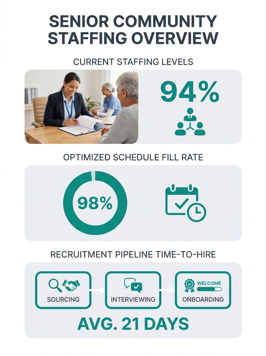Healthcare administrator reviewing staffing reports at a senior living community desk with staff schedules and recruitment materials