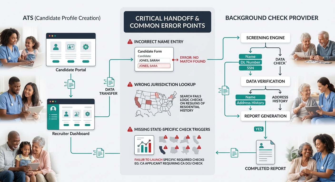 a diagram showing the data handoff between an ATS system and a background check provider, highlighting common error points like incorrect name entry, wrong jurisdiction lookup, and missing state-speci