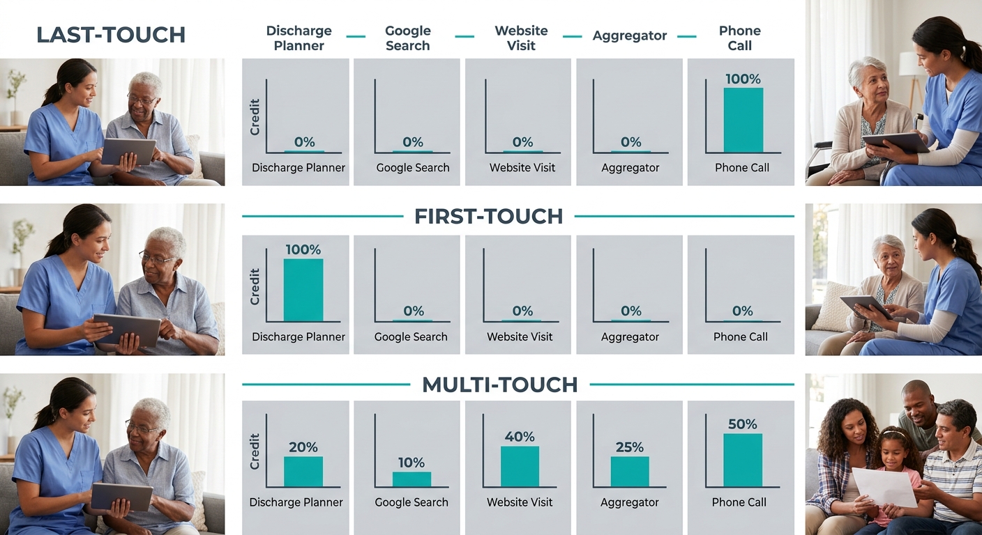 An infographic comparing three attribution models side by side — last-touch, first-touch, and multi-touch — each showing a row of five touchpoints (discharge planner, Google search, website visit, agg