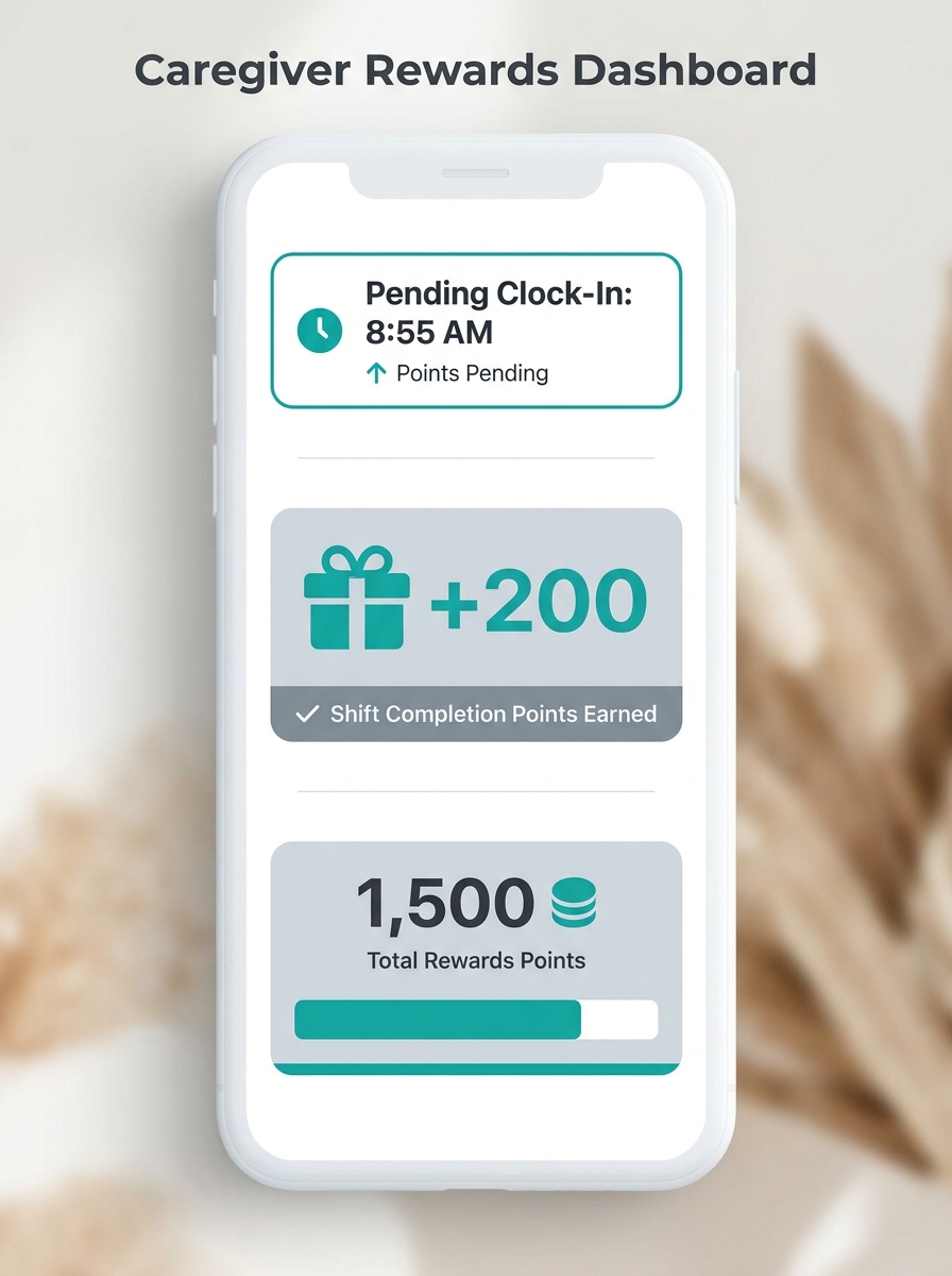 Mobile app interface showing caregiver point-earning dashboard with clock-in notifications and shift completion rewards