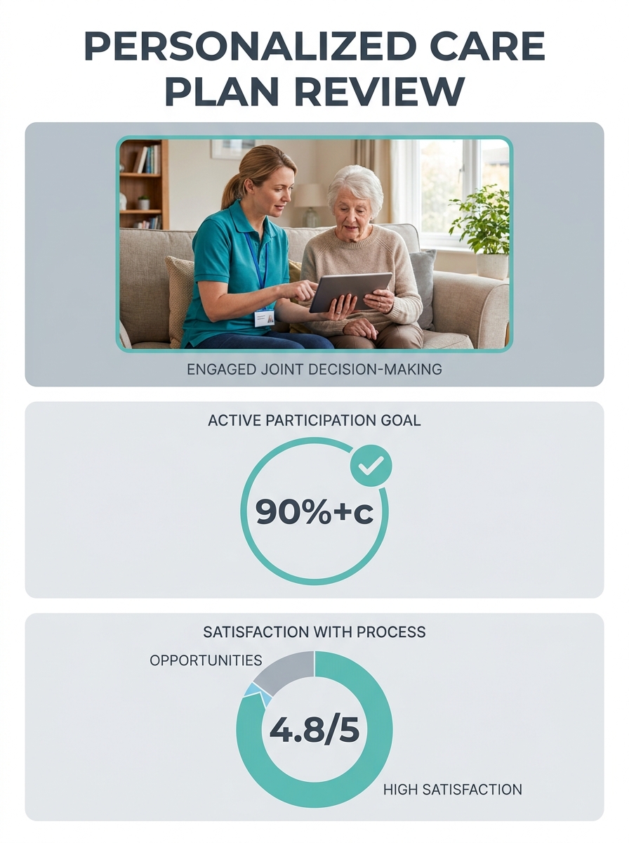 Home care worker reviewing care plan with elderly client in living room