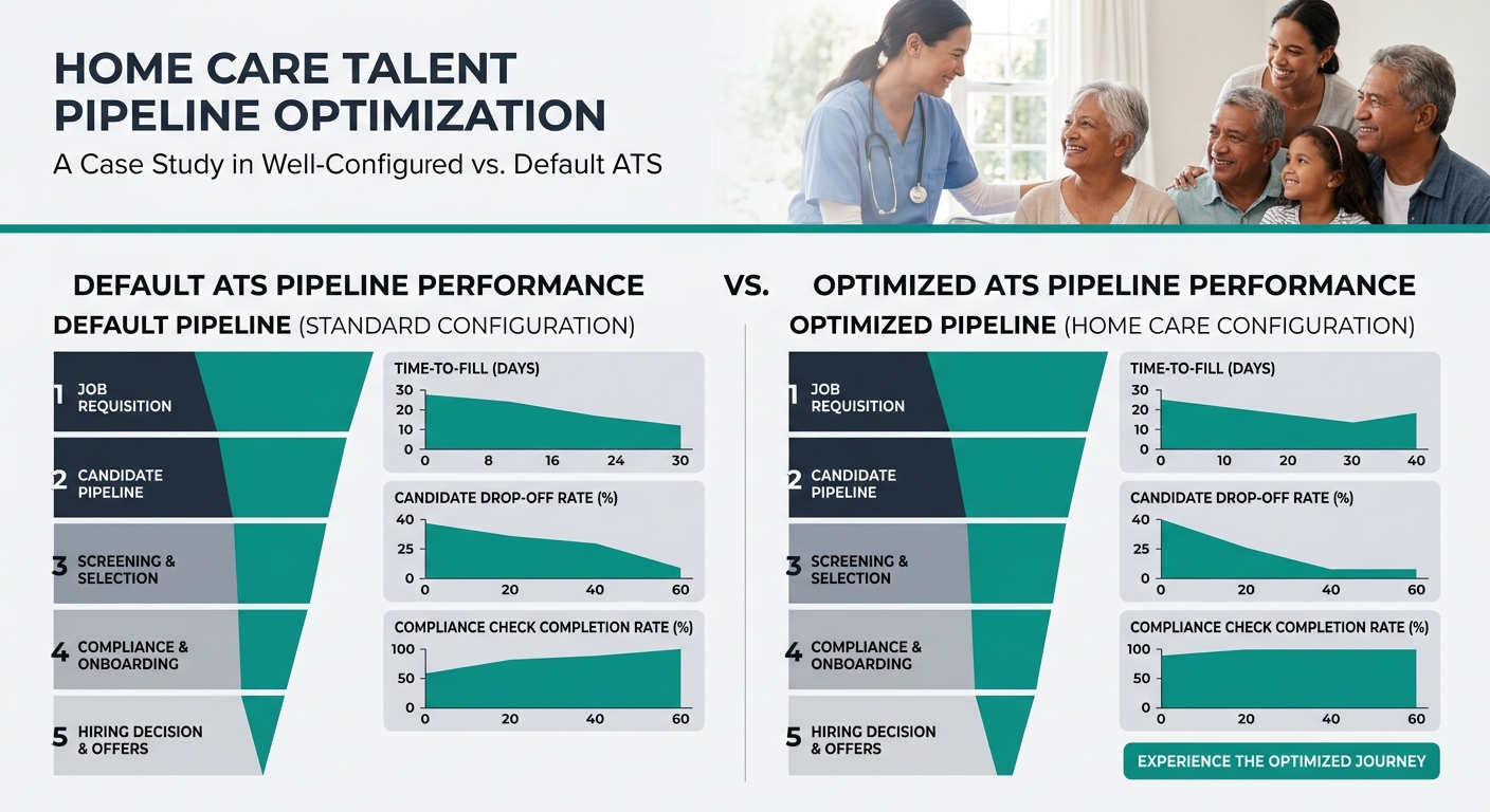 a side-by-side comparison showing a well-configured ATS pipeline versus a default-configured ATS pipeline for home care, with metrics for time-to-fill, candidate drop-off rate, and compliance check co