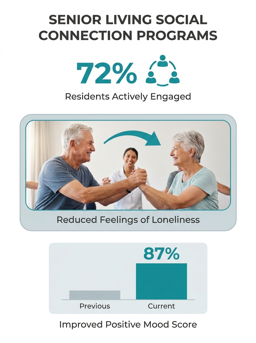 Senior living residents engaged in group wellness activity demonstrating social connection programs