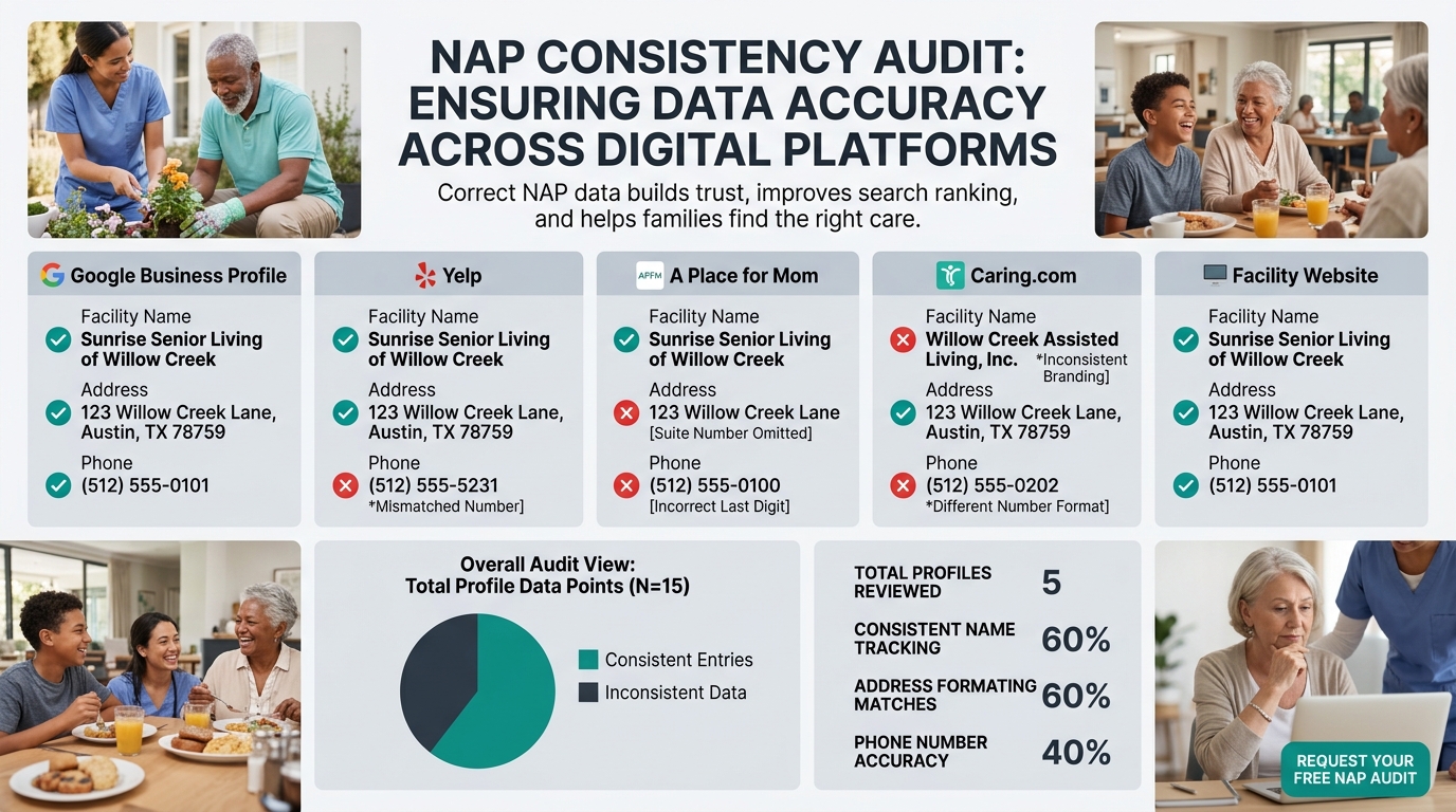 Diagram showing NAP consistency across multiple online platforms including Google Business Profile, Yelp, A Place for Mom, Caring.com, and a facility website, with green checkmarks indicating consiste