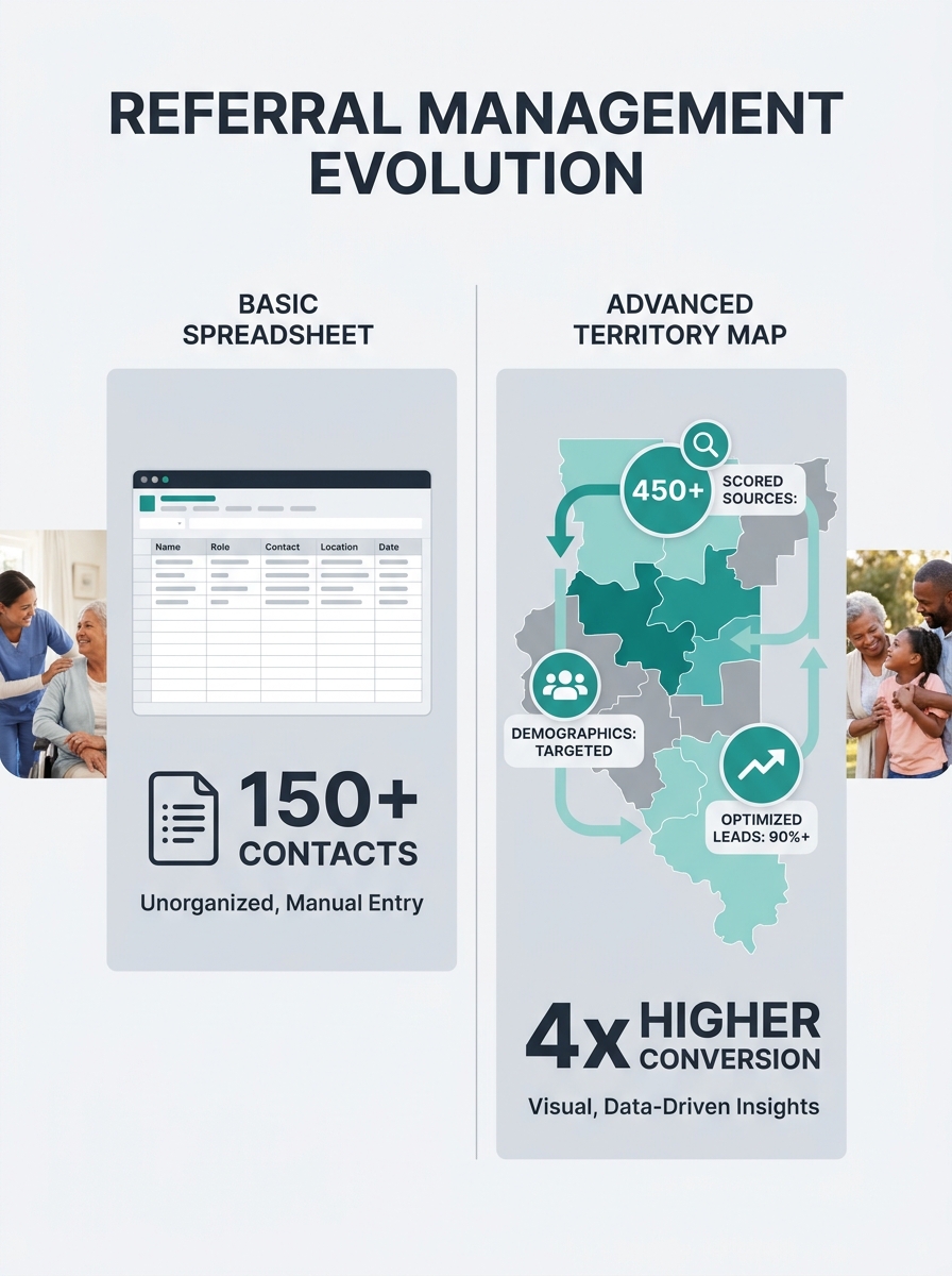 A split-screen comparison showing a basic referral contact spreadsheet on the left versus a color-coded territory map with scored referral sources and demographic overlays on the right