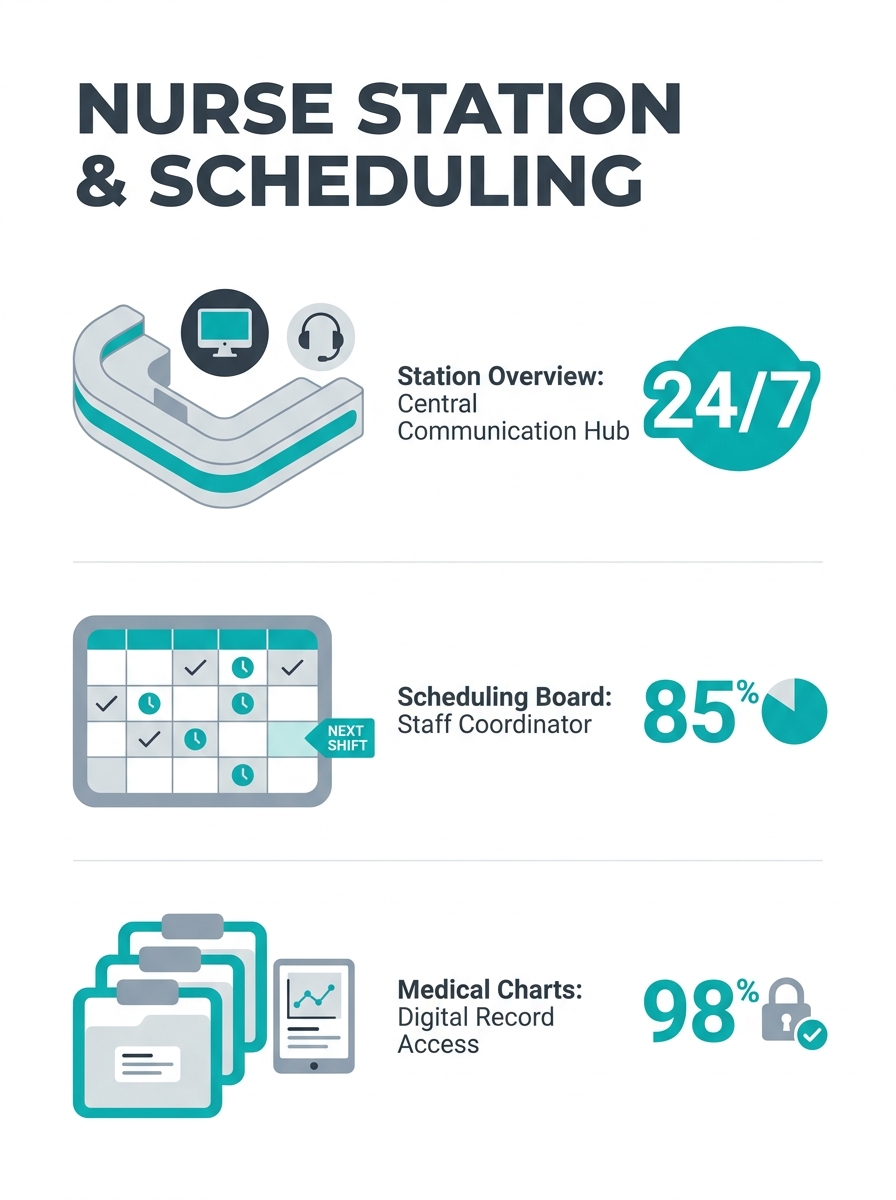 Hospital nurse station with scheduling board and medical charts