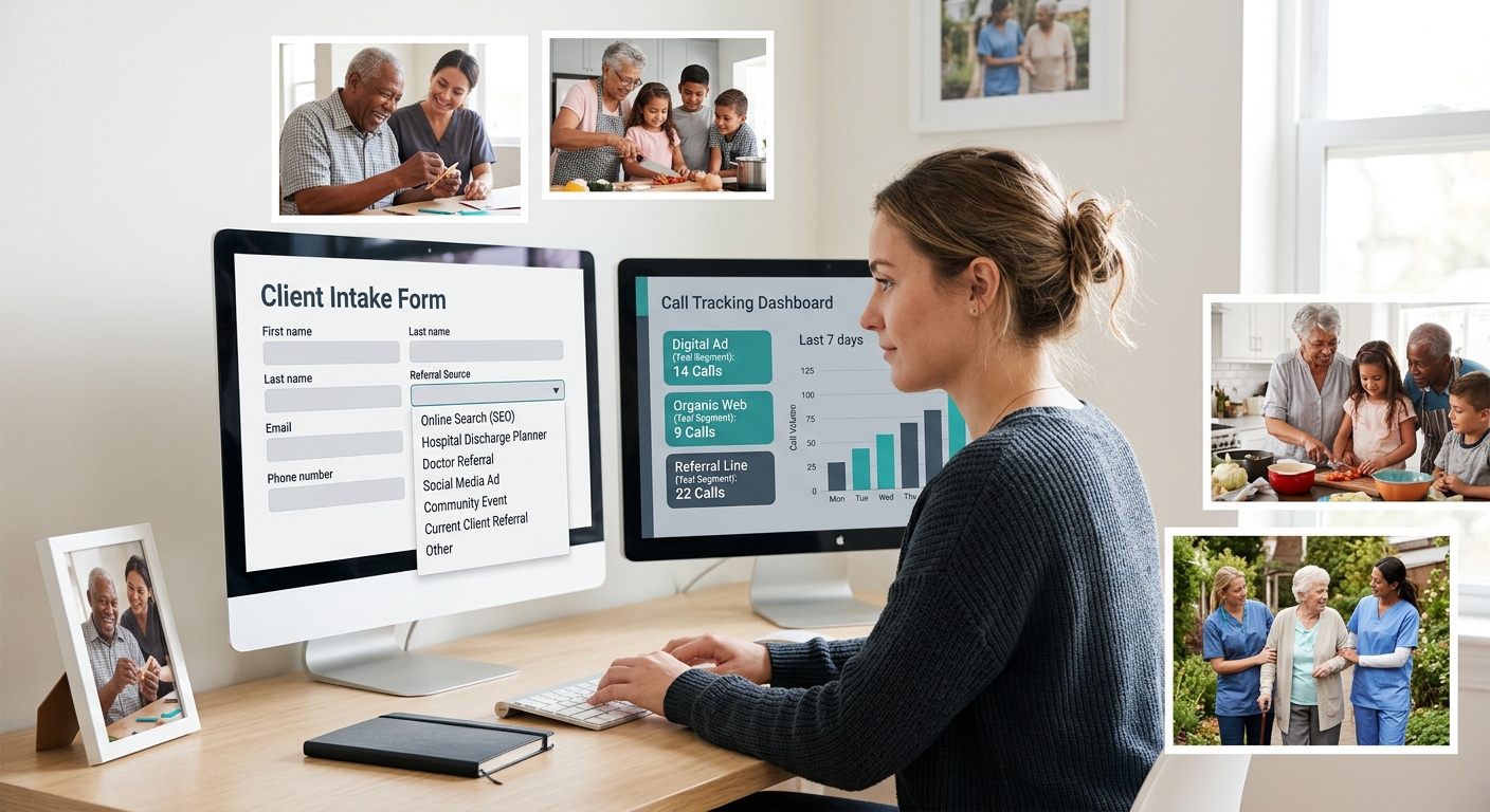 A coordinator at a desk with a computer screen showing a CRM intake form with a structured dropdown menu for referral sources, with a second monitor displaying a call tracking dashboard with source-la