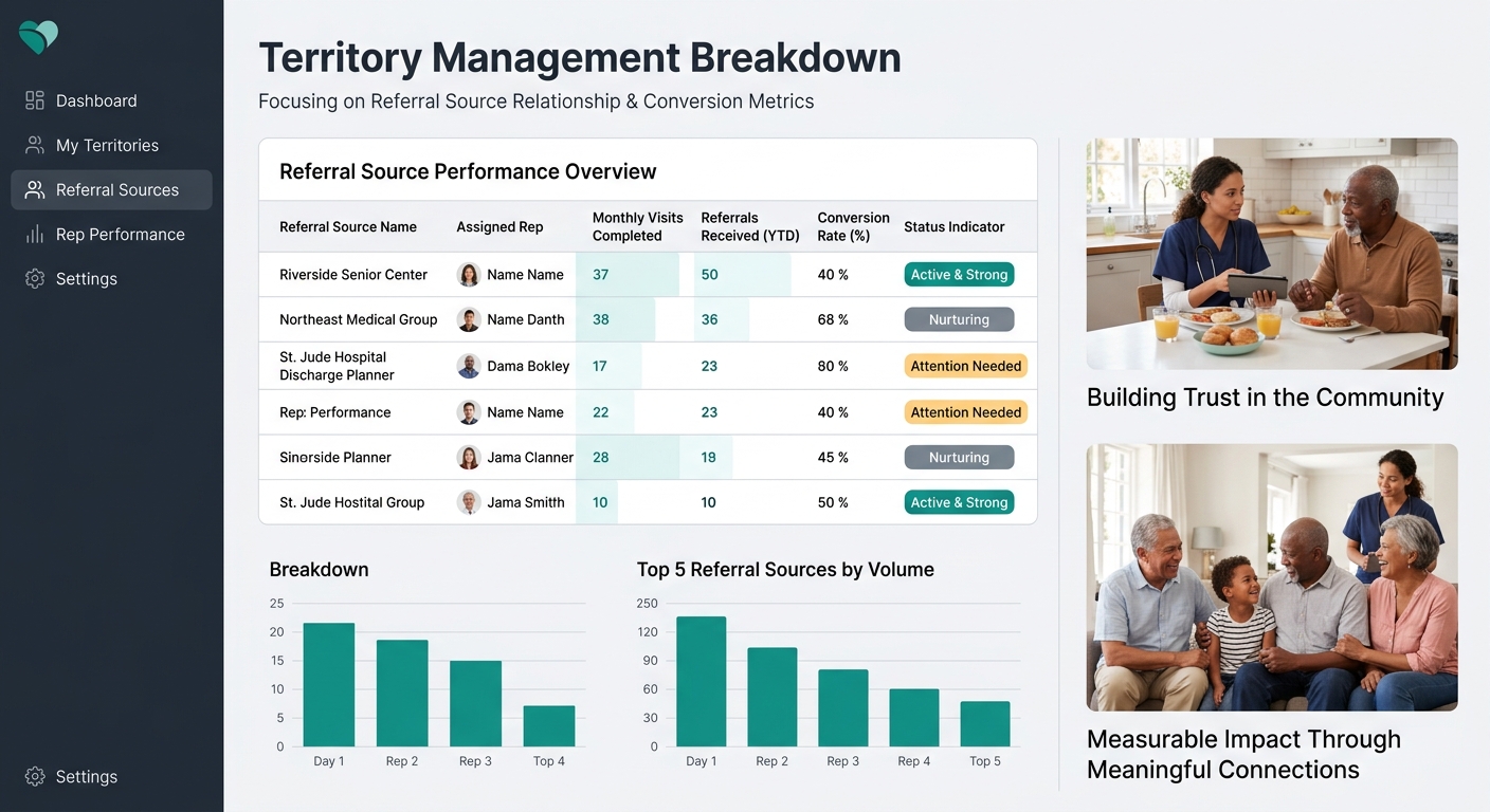 A CRM dashboard mockup showing a territory management view with columns for referral source name, assigned rep, monthly visits completed, referrals received, conversion rate, and a color-coded status