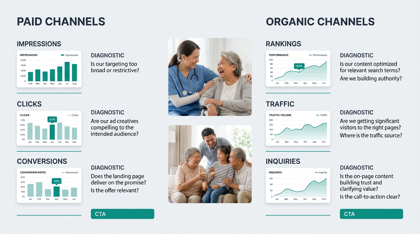 a side-by-side comparison diagram showing the lead generation troubleshooting sequence for paid channels on the left (impressions, clicks, conversions) and organic channels on the right (rankings, tra