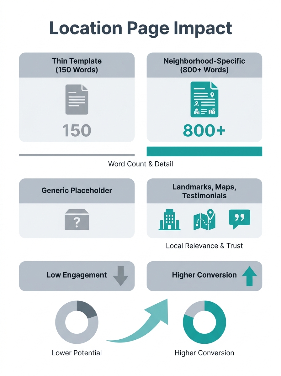 Side-by-side comparison of a thin 150-word template location page versus an 800-word neighborhood-specific page with local landmarks, maps, and testimonials highlighted