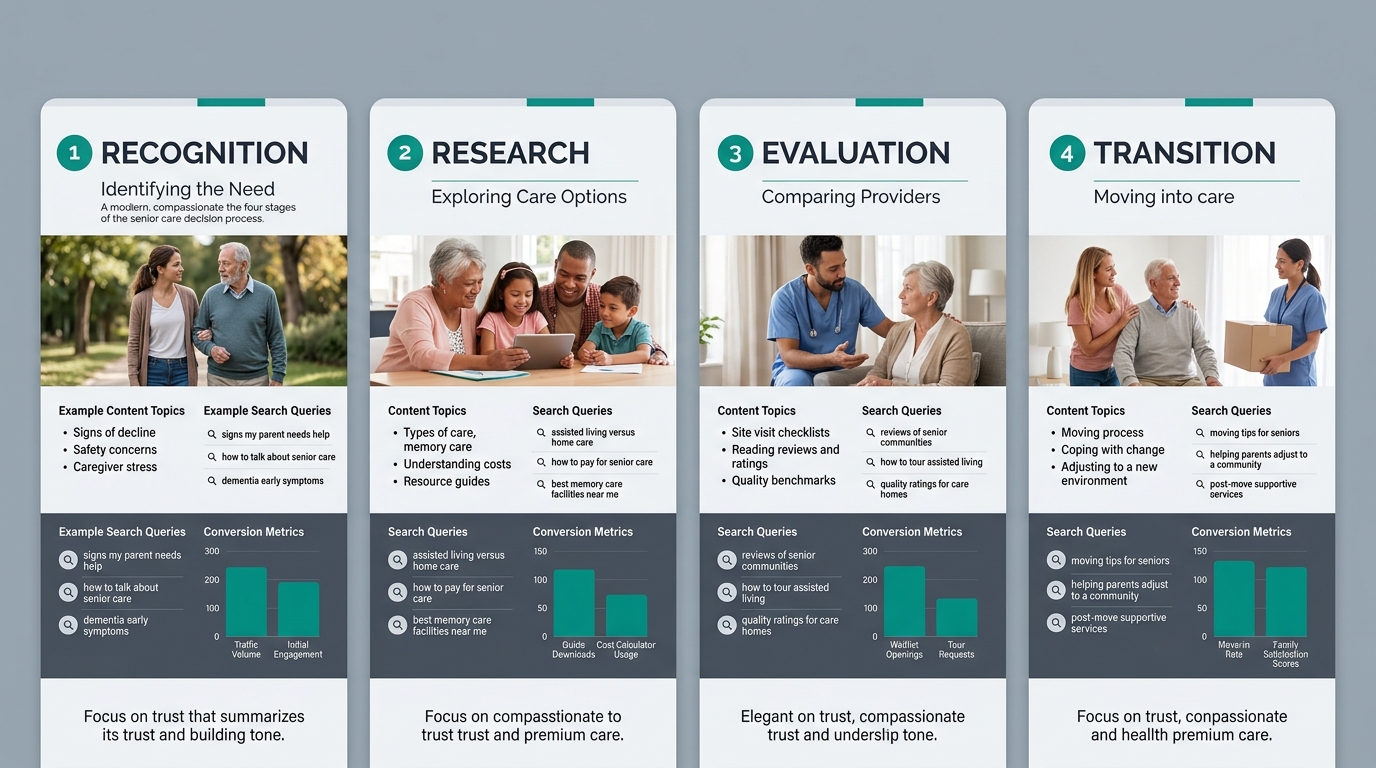 An infographic showing the four stages of the senior care decision process—recognition, research, evaluation, transition—with example content topics and search queries mapped to each stage, along with