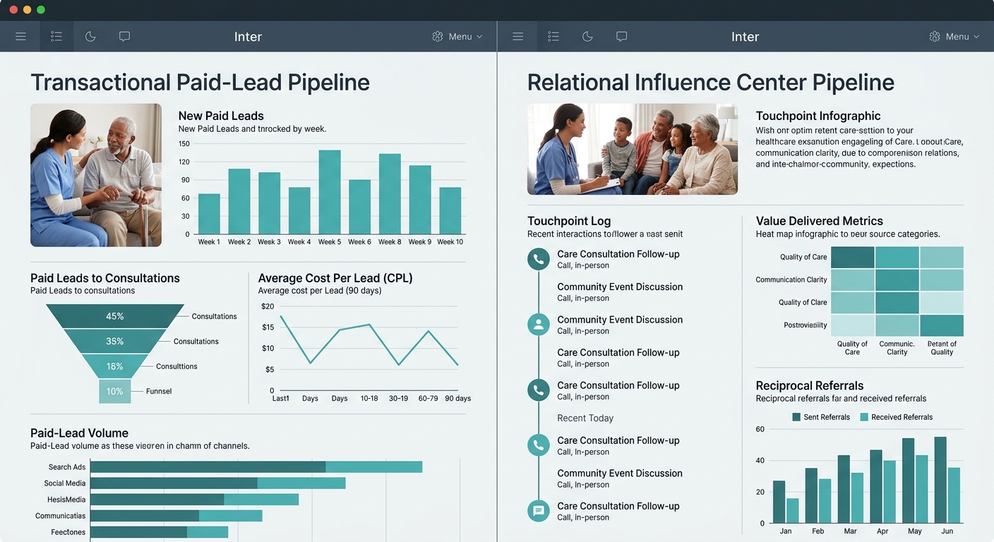 A split-screen CRM dashboard view showing a transactional paid-lead pipeline on the left with cost-per-lead metrics, and a relational influence center pipeline on the right tracking touchpoints, value