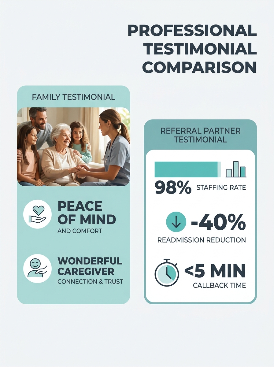 A side-by-side comparison showing a family-facing testimonial card with emotional language like peace of mind and wonderful caregiver on the left, versus a referral-partner testimonial card with clini