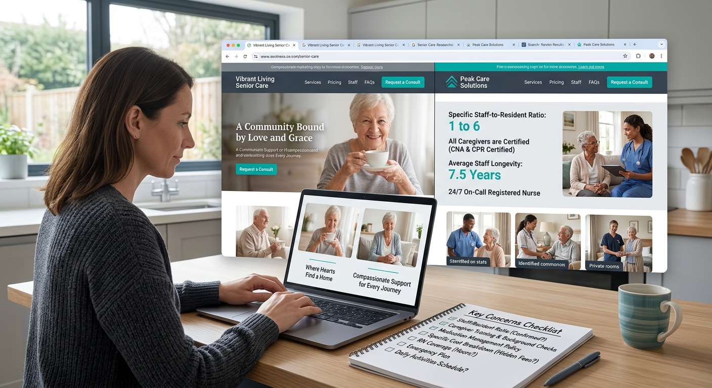 A realistic illustration of an adult daughter sitting at a kitchen table with a laptop open, multiple browser tabs visible, comparing two senior care websites side by side — one showing vague emotiona
