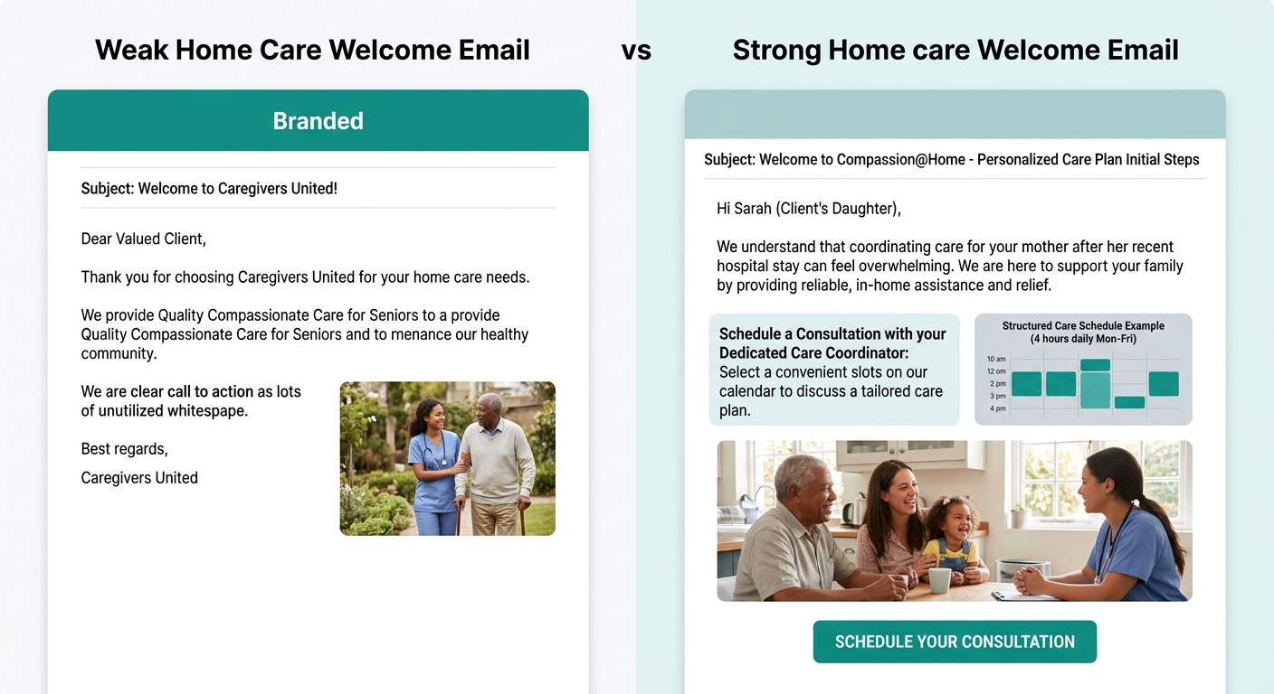 side-by-side comparison of a weak home care welcome email (generic thank you, no CTA, branded header) versus a strong welcome email (personalized greeting, specific problem acknowledged, embedded cale