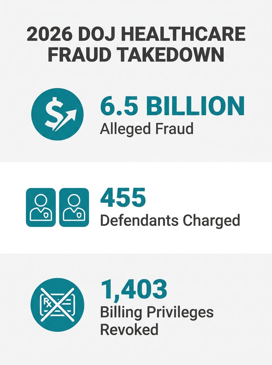 Infographic showing the 2026 DOJ Healthcare Fraud Takedown by the numbers — 455 defendants, $6.5 billion in alleged fraud, 295 Medicaid-related charges, 1,079 providers suspended, 1,403 billing privil