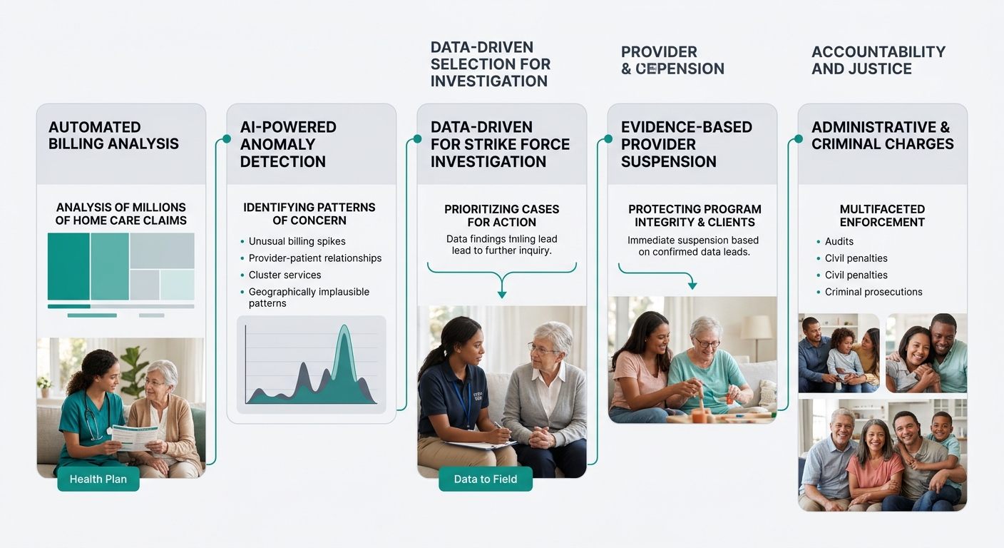 A diagram showing the data-driven enforcement pipeline — from automated billing analysis and anomaly detection, through Strike Force investigation, to provider suspension or criminal charges — illustr